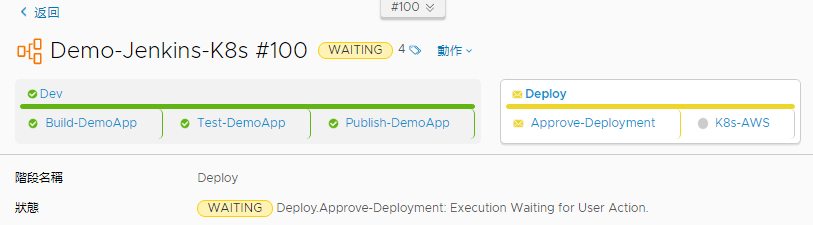 正在等待核准的管線階段會顯示該階段中的工作。