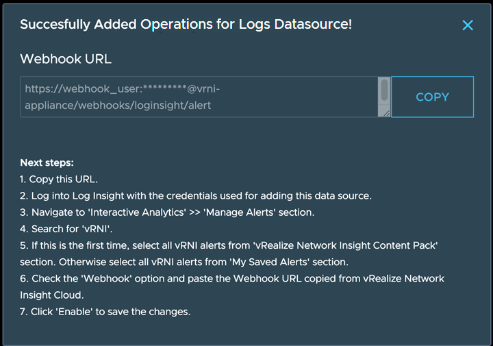 快顯視窗顯示了 Webhook URL 以及在 VMware Aria Operations for Logs 上啟用 URL 的步驟。