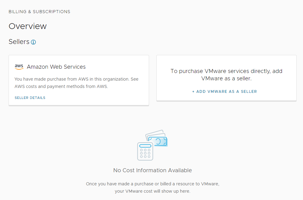 Cloud Services 主控台中的 [計費和訂閱] > [概覽] 頁面顯示賣方 AWS 以及將 VMware 新增為賣方的選項。