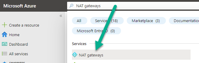 此螢幕擷取畫面顯示在 Azure 入口網站中搜尋 NAT 閘道