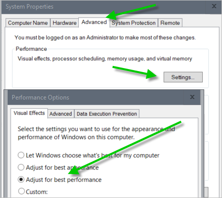Windows 效能設定在系統內容中的位置