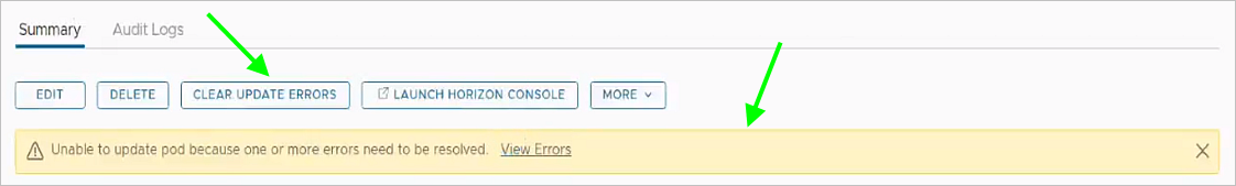 網繭詳細資料頁面上的清除更新錯誤按鈕。