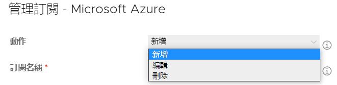 此螢幕擷取畫面顯示 [管理訂閱 - Microsoft Azure UI] 視窗，其中顯示 [動作] 下方的選項清單，即 [新增]、[編輯] 和 [刪除]。