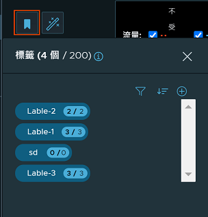 此螢幕擷取畫面顯示 [標籤] 面板，其中標籤圖示會框上紅框。面板中會列出兩個標籤：Label-1 和 Label-2。