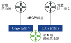 相同成本多路徑路由，其中在叢集中的每個 Edge 節點上皆具有連往第 0 層邏輯路由器的兩個上行。