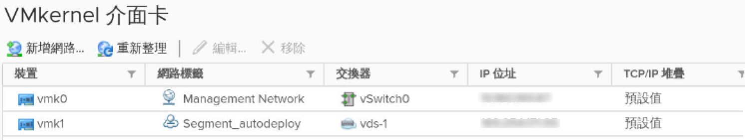 在 [VMkernel 介面卡] 視窗中，確認 PNIC 和 VMkernel 介面卡已移轉至 N-VDS 交換器。