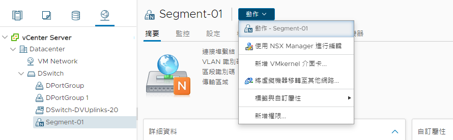 NSX 區段在 VMware vCenter 中會實現為 NSX 物件。