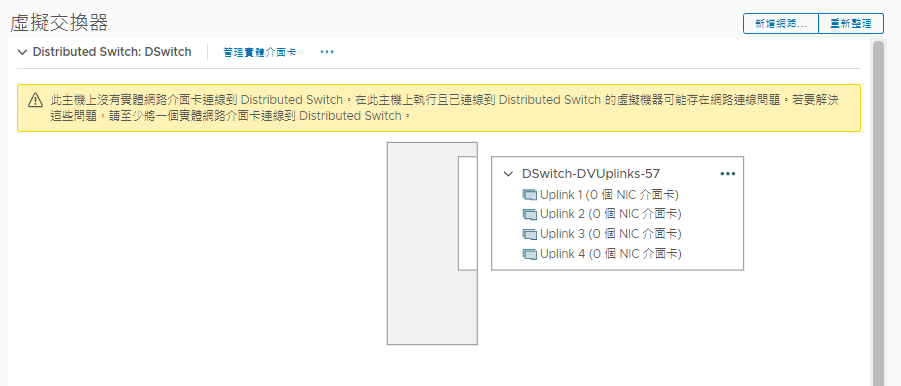 NSX NSX Data Center 交換器上未設定任何 vmnic 或 vmk。