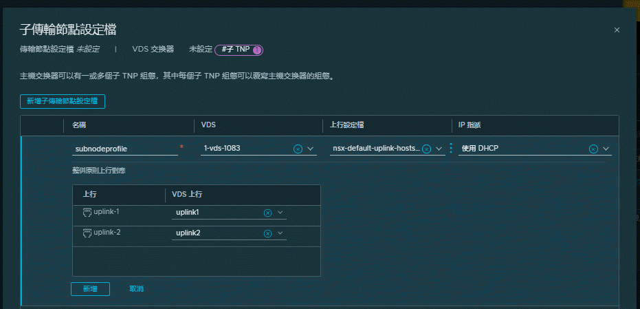 新增將套用至子叢集的子傳輸節點設定檔。