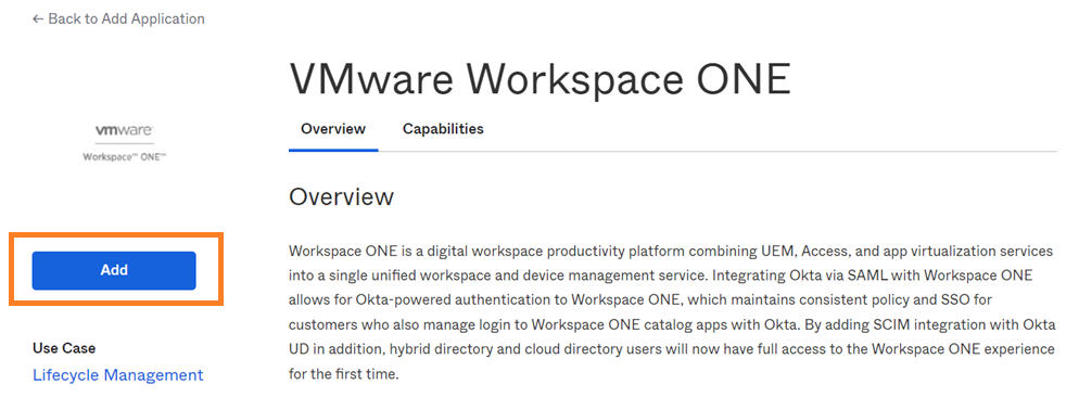 VMware Workspace ONE 應用程式頁面，其中包含有關該應用程式的概觀資訊以及 [新增] 按鈕。