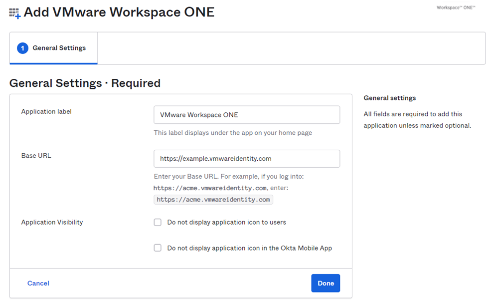 頁面包含範例值。[應用程式] 標籤為 VMware Workspace ONE，[基本 URL] 為 https://example.vmwareidentity.com。