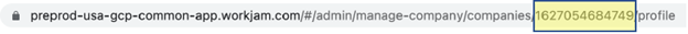 WorkJam URL 範例，指出哪個部分是公司識別碼