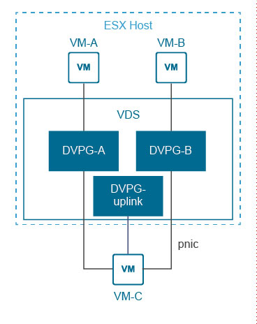 ESX 主機圖，其中 VM-A 連線至 DVPG-A 並與 VM-C 進行通訊。