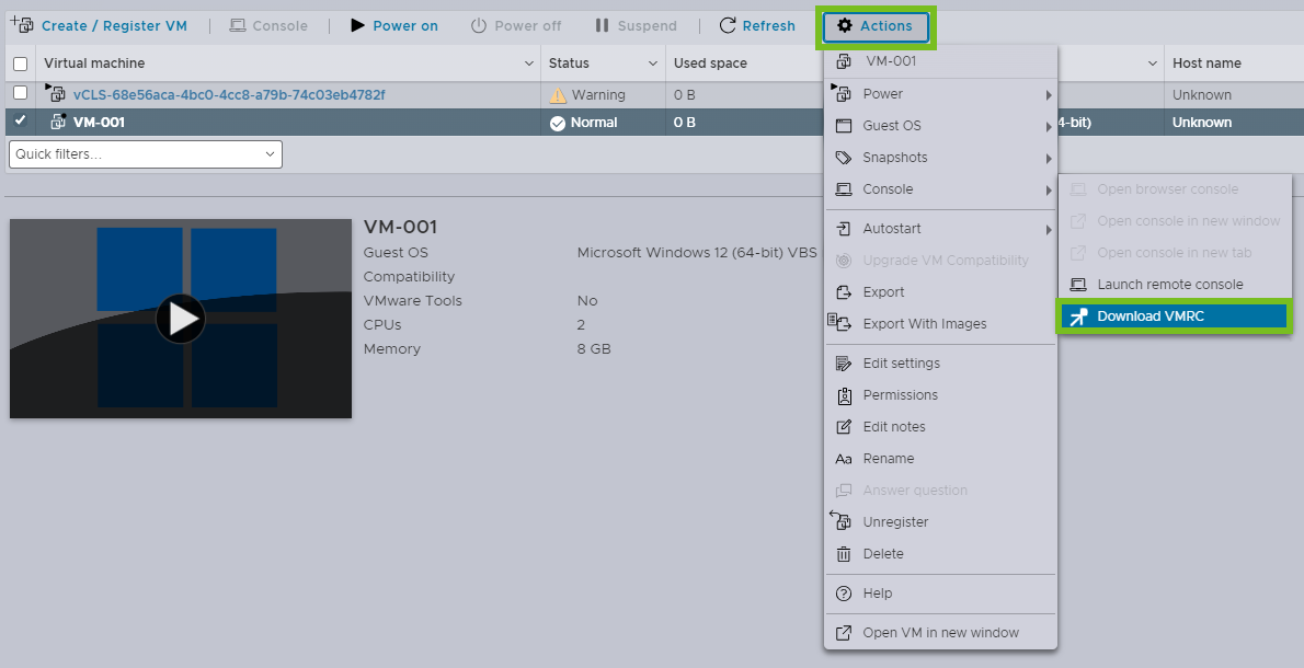 VMware Remote Console 下載功能表