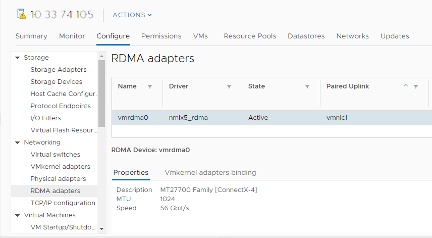RDMA 介面卡在清單中顯示為 vmrdma0。[配對的上行] 資料行會將網路元件顯示為 vmnic1 實體網路介面卡。
