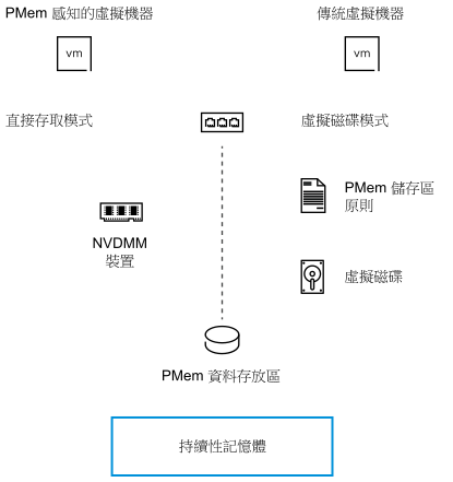 PMem 資料存放區以兩種模式公開。作為 PMem 感知虛擬機器的 NVDMM 裝置，以及作為 PMem 感知虛擬機器的具有 PMem 儲存區原則的一般虛擬磁碟。