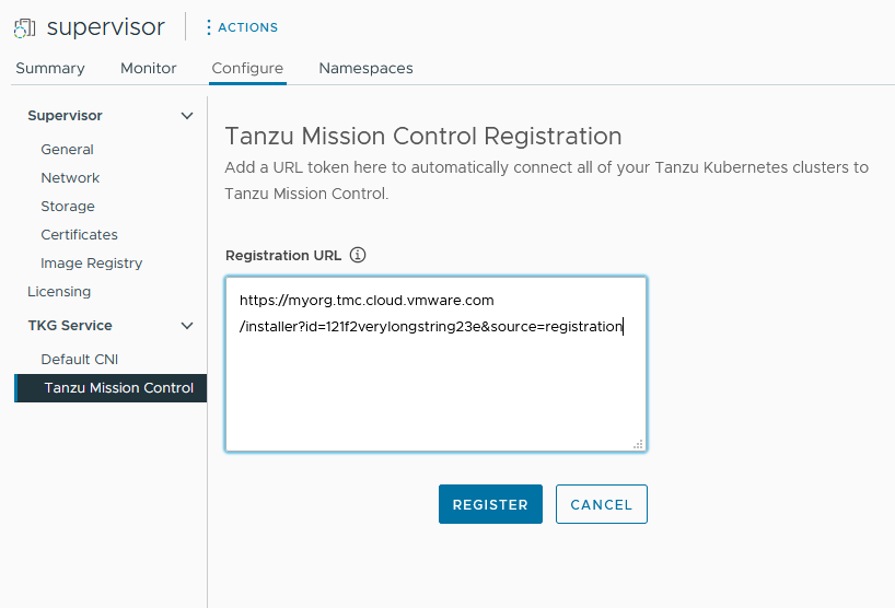 Tanzu Mission Control 索引標籤以及您輸入的登錄 URL。
